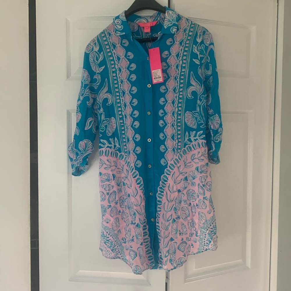 Lily Pulitzer ‘Natalie Coverup’ turquoise teal, xxs. Top. NWT. Perf swim coverup